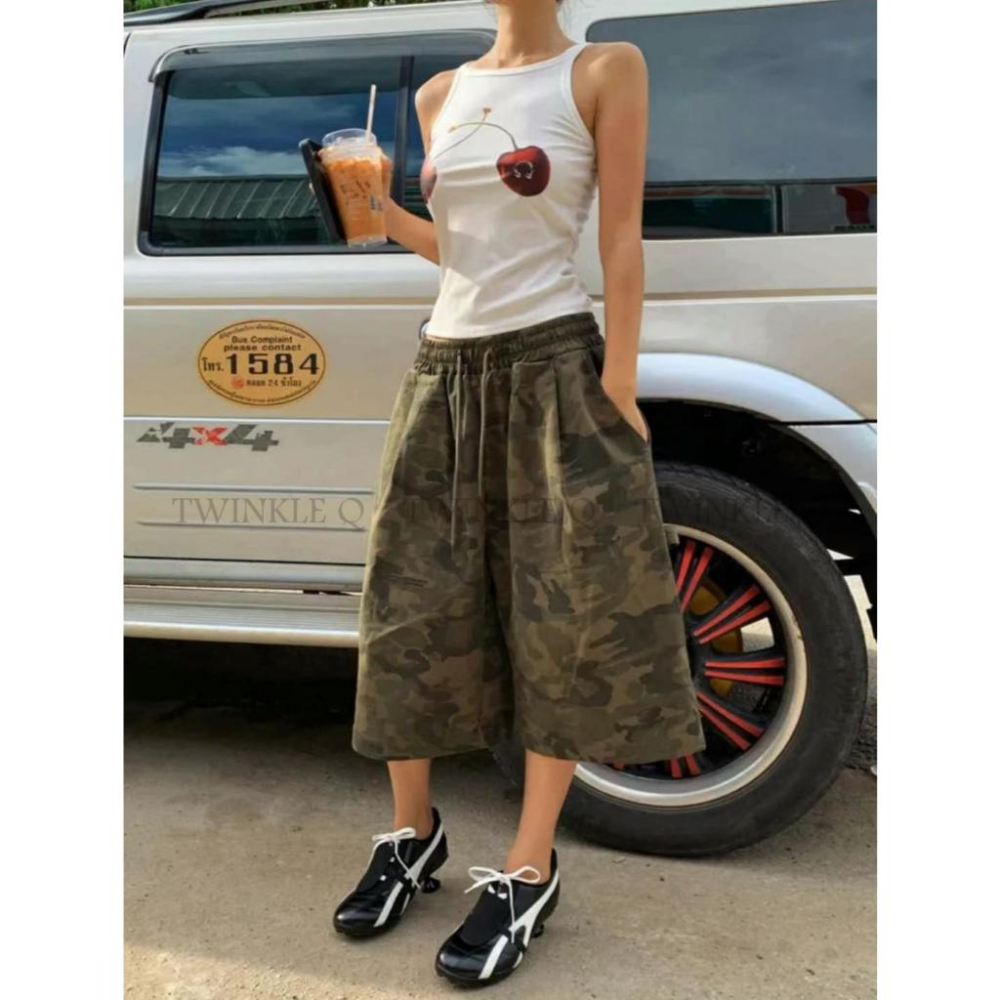 🎀TwinkleQ韓國代購-預購✈️東大門🔥南大門正韓 休閒短褲 男女中性 迷彩 鬆緊 口袋 寬鬆 短褲-細節圖3