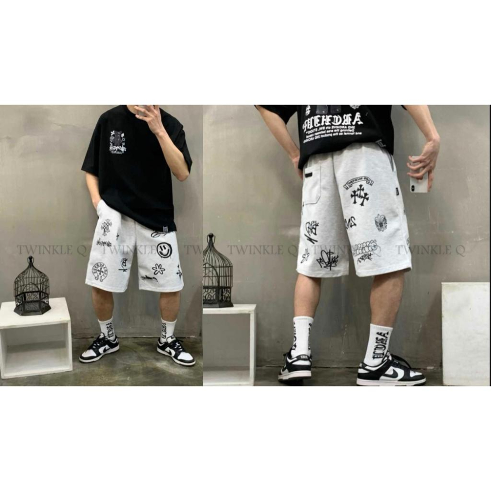 🎀TwinkleQ韓國代購-預購✈️東大門🔥南大門正韓 休閒短褲 男女中性 笑臉 塗鴉 圖案印花 寬鬆 運動 短褲-細節圖4