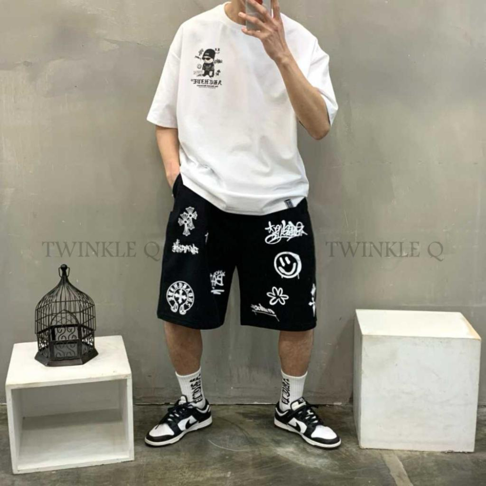 🎀TwinkleQ韓國代購-預購✈️東大門🔥南大門正韓 休閒短褲 男女中性 笑臉 塗鴉 圖案印花 寬鬆 運動 短褲-細節圖5