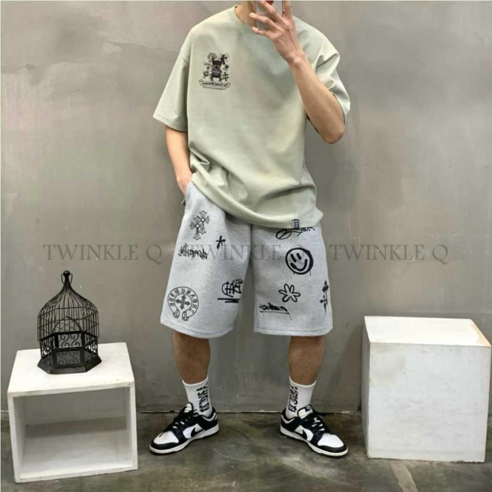 🎀TwinkleQ韓國代購-預購✈️東大門🔥南大門正韓 休閒短褲 男女中性 笑臉 塗鴉 圖案印花 寬鬆 運動 短褲-細節圖7