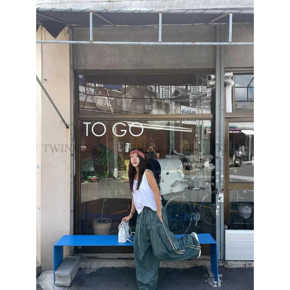 🎀TwinkleQ韓國代購-預購✈️東大門🔥南大門正韓 休閒長褲 男女中性尼龍 菱格 線條 皺褶 拉繩 寬鬆 運動 長褲-細節圖2
