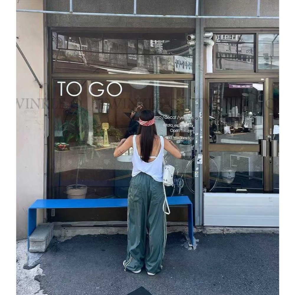🎀TwinkleQ韓國代購-預購✈️東大門🔥南大門正韓 休閒長褲 男女中性尼龍 菱格 線條 皺褶 拉繩 寬鬆 運動 長褲-細節圖3