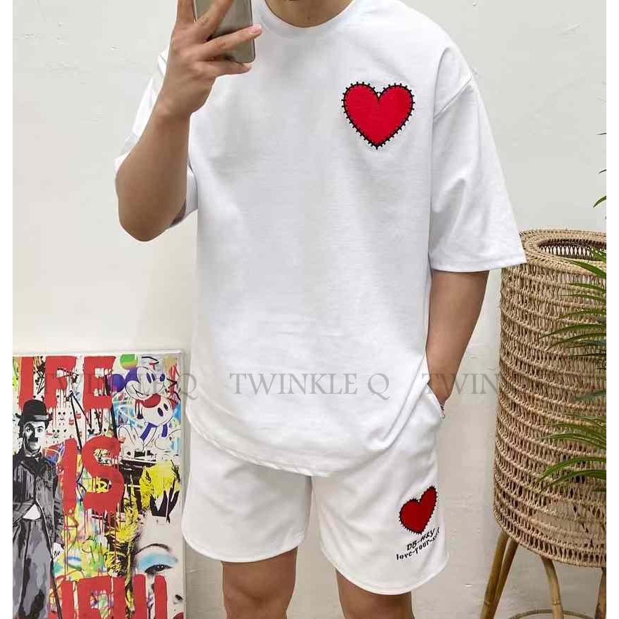 🎀Twinkle Q韓國代購-預購✈️東大門🔥南大門正韓 休閒套裝 心形刺繡 短袖t恤 鬆緊 短褲 運動 套裝 中性-細節圖2