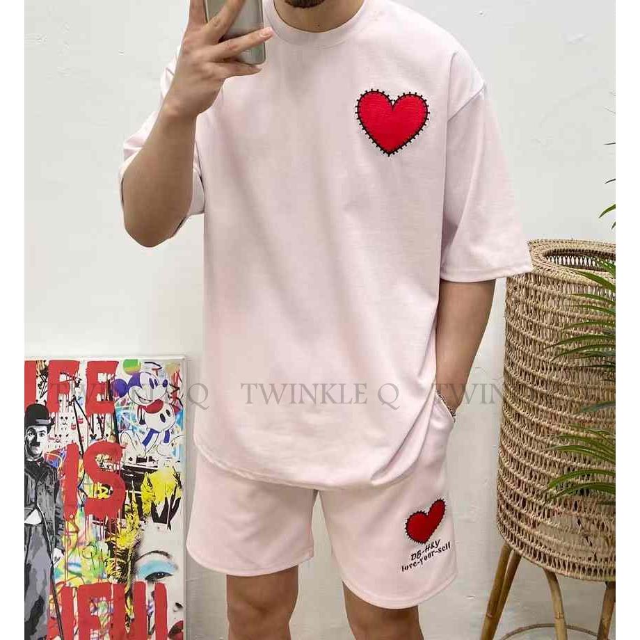 🎀Twinkle Q韓國代購-預購✈️東大門🔥南大門正韓 休閒套裝 心形刺繡 短袖t恤 鬆緊 短褲 運動 套裝 中性-細節圖4