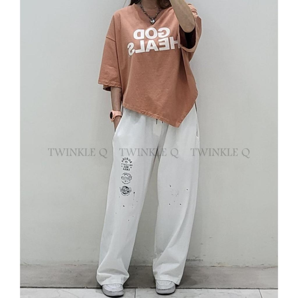 🎀TwinkleQ韓國代購-預購✈️東大門🔥南大門正韓 休閒長褲 字母印花 鬆緊 寬鬆 潑墨 隨性慵懶感 運動 長褲-細節圖7