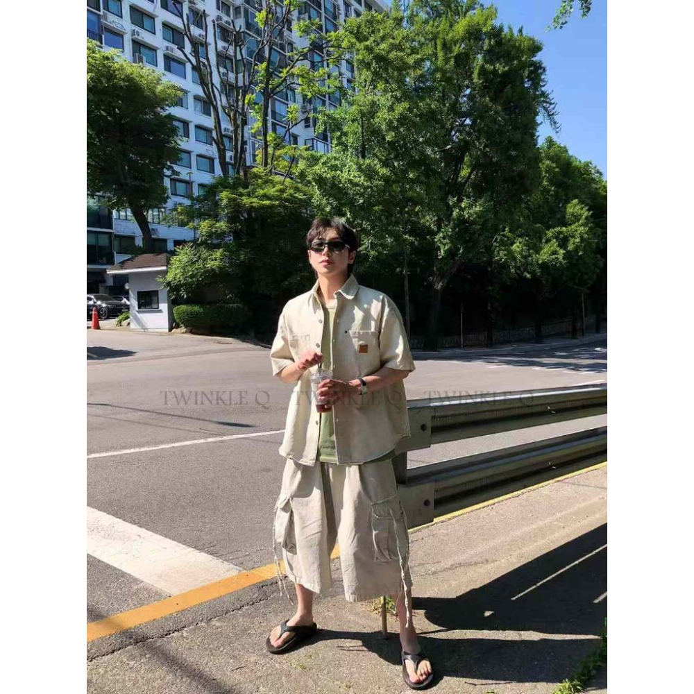 🎀Twinkle Q韓國代購-預購✈️東大門🔥南大門正韓 休閒短褲 素色 百搭 水洗 復古 寬鬆 工裝短褲 短褲 中性-細節圖3