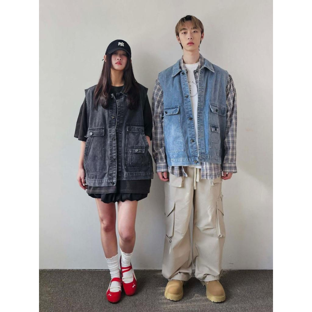🎀TwinkleQ韓國代購-預購✈️東大門🔥南大門正韓 牛仔背心 男女中性 雙口袋 背心 牛仔背心-細節圖3