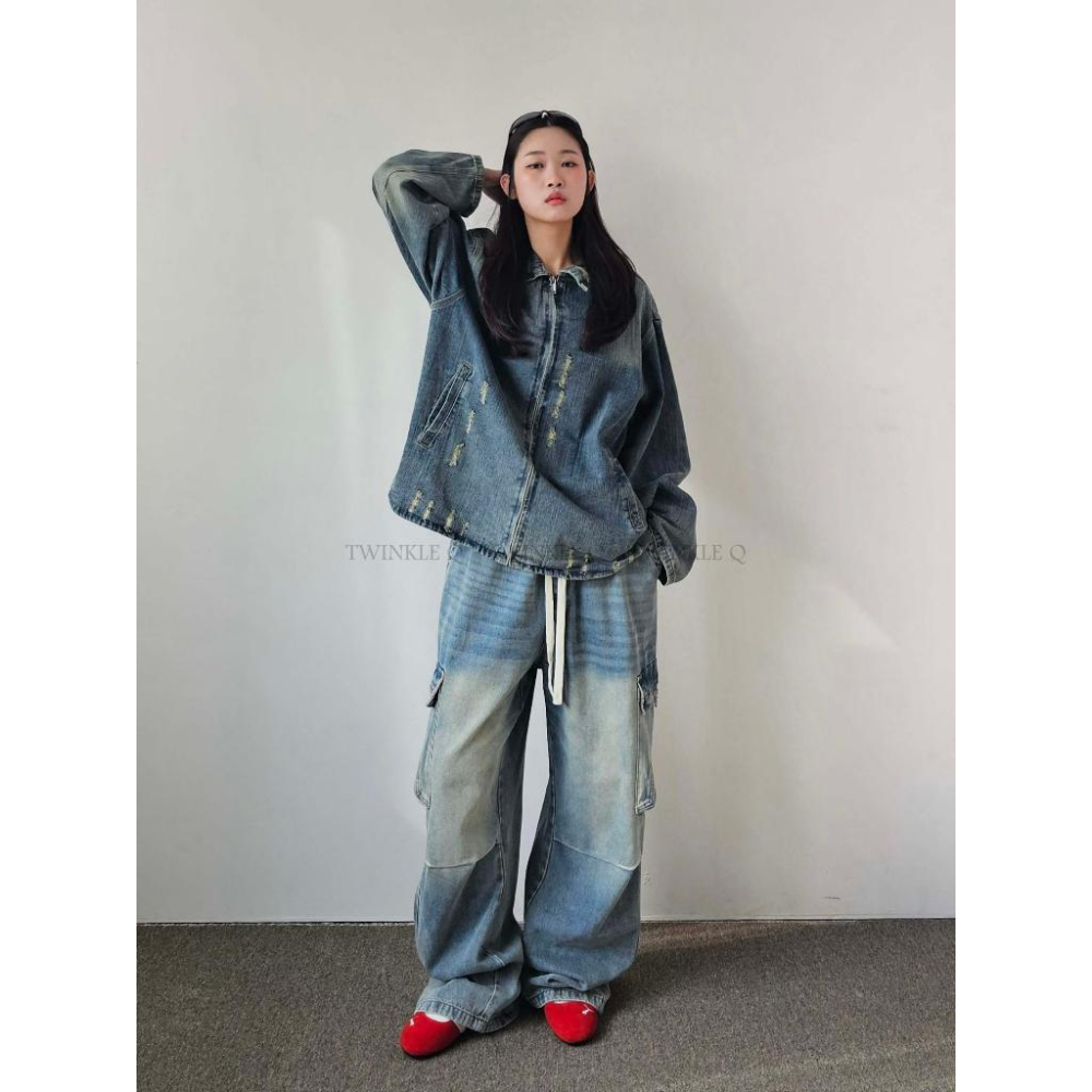 🎀TwinkleQ韓國代購-預購✈️東大門🔥南大門正韓 牛仔外套 男女中性 拉鍊 割破 刷白 外套-細節圖5