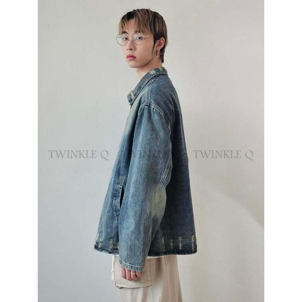 🎀TwinkleQ韓國代購-預購✈️東大門🔥南大門正韓 牛仔外套 男女中性 拉鍊 割破 刷白 外套-細節圖8