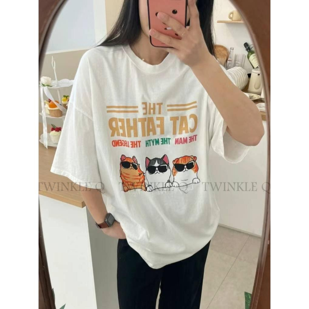 🎀Twinkle Q韓國代購(現貨＋預購) ✈️東大門🔥南大門正韓 短袖t恤 三隻貓咪 墨鏡 上衣 短t t恤 男女中性-細節圖2