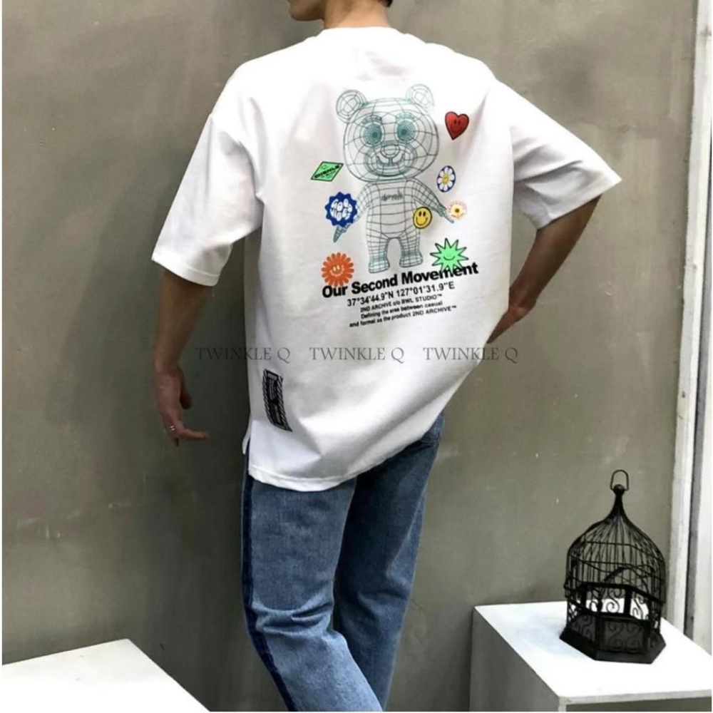 Twinkle Q韓國代購-預購✈️東大門🔥透視熊 微笑 花朵 潮T 短袖T恤 休閒上衣 男女 中性-細節圖4