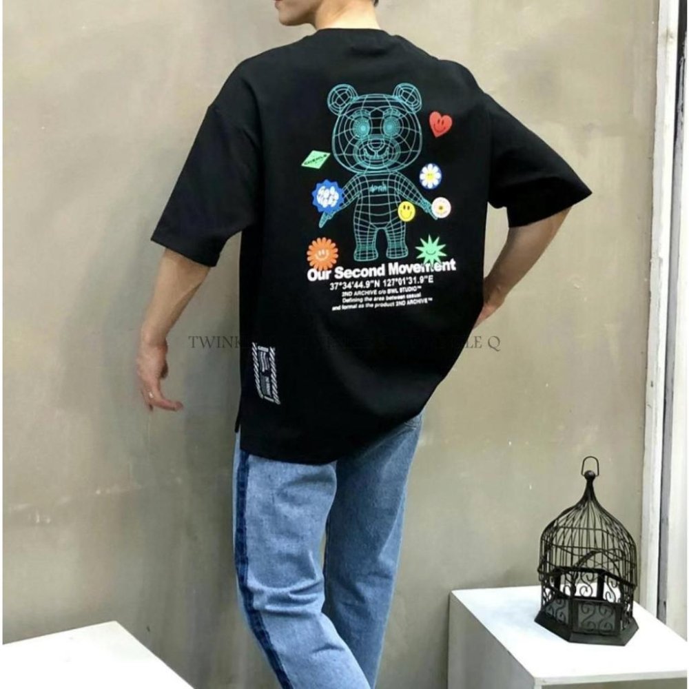Twinkle Q韓國代購-預購✈️東大門🔥透視熊 微笑 花朵 潮T 短袖T恤 休閒上衣 男女 中性-細節圖5