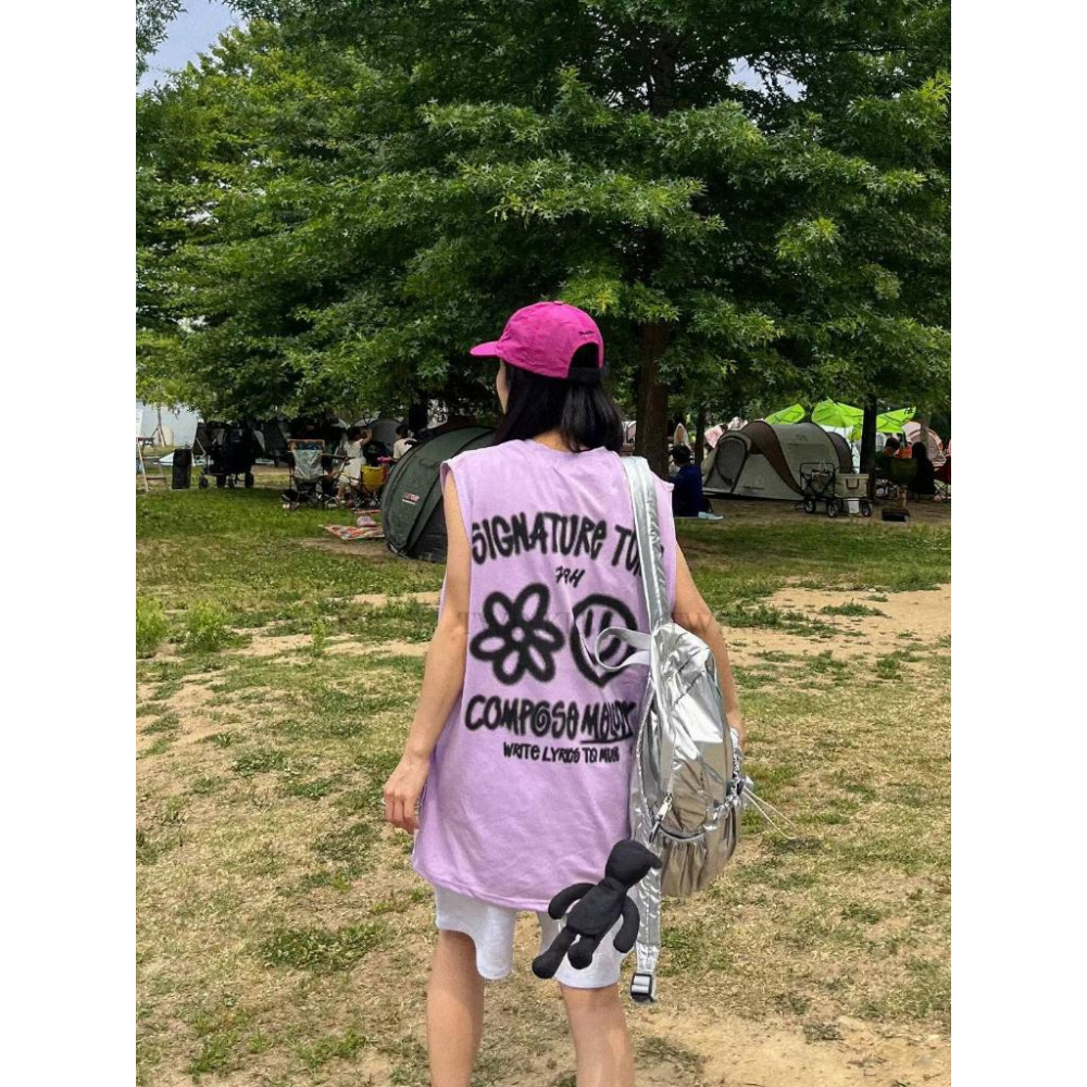 🎀Twinkle Q韓國代購(現貨＋預購) ✈️東大門🔥南大門正韓 背心 微笑 花朵 字母印花 韓國t恤 上衣 男女中性-細節圖5