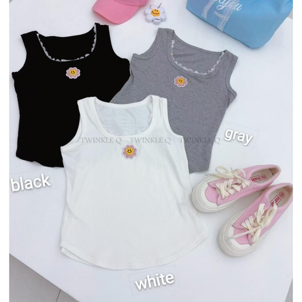 🎀TwinkleQ韓國代購BUY好物-預購✈️正韓🇰🇷 無袖背心 微笑花朵 蕾絲 無袖上衣 背心-細節圖7