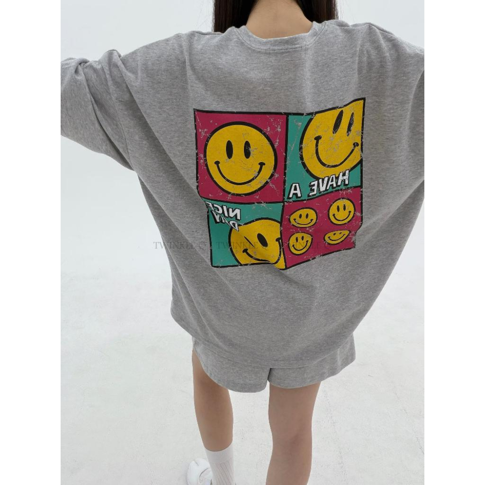 🎀TwinkleQ韓國代購BUY好物-預購✈️正韓🇰🇷 休閒套裝 笑臉 印花 寬鬆上衣 落肩 鬆緊 笑臉短褲 居家 套裝-細節圖3