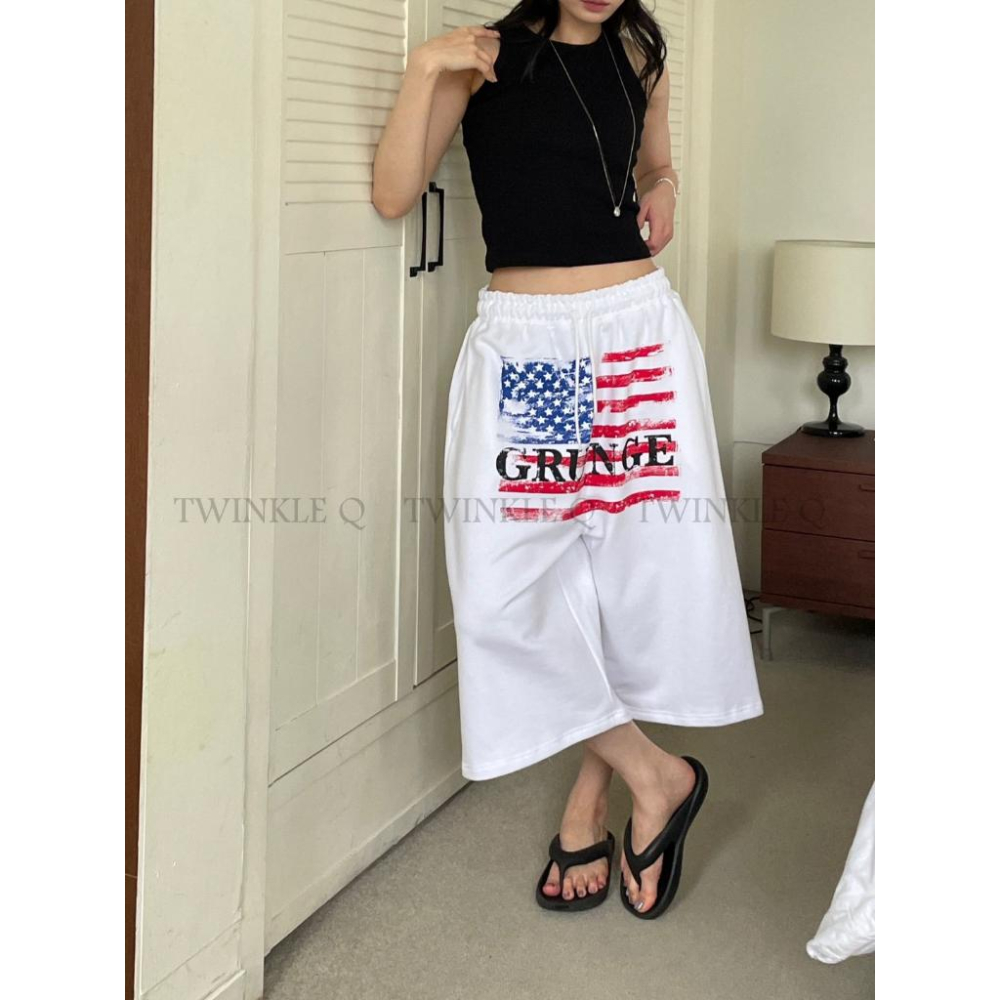 🎀TwinkleQ韓國代購BUY好物-預購✈️正韓🇰🇷 休閒短褲 美國國旗 印花 鬆緊 寬鬆短褲 居家 運動 短褲-細節圖3