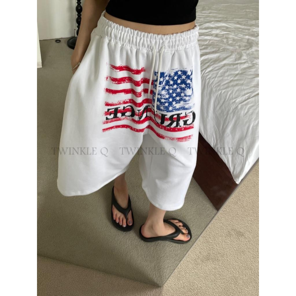 🎀TwinkleQ韓國代購BUY好物-預購✈️正韓🇰🇷 休閒短褲 美國國旗 印花 鬆緊 寬鬆短褲 居家 運動 短褲-細節圖4