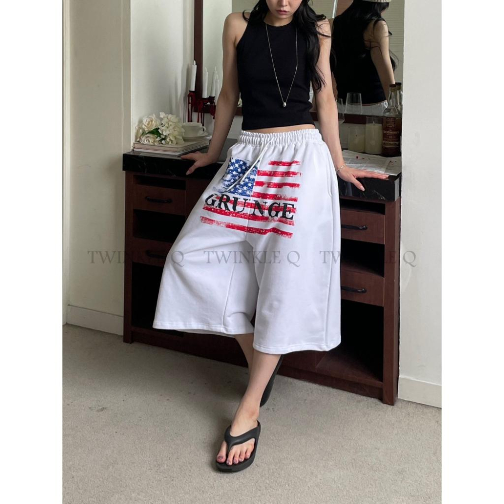 🎀TwinkleQ韓國代購BUY好物-預購✈️正韓🇰🇷 休閒短褲 美國國旗 印花 鬆緊 寬鬆短褲 居家 運動 短褲-細節圖5