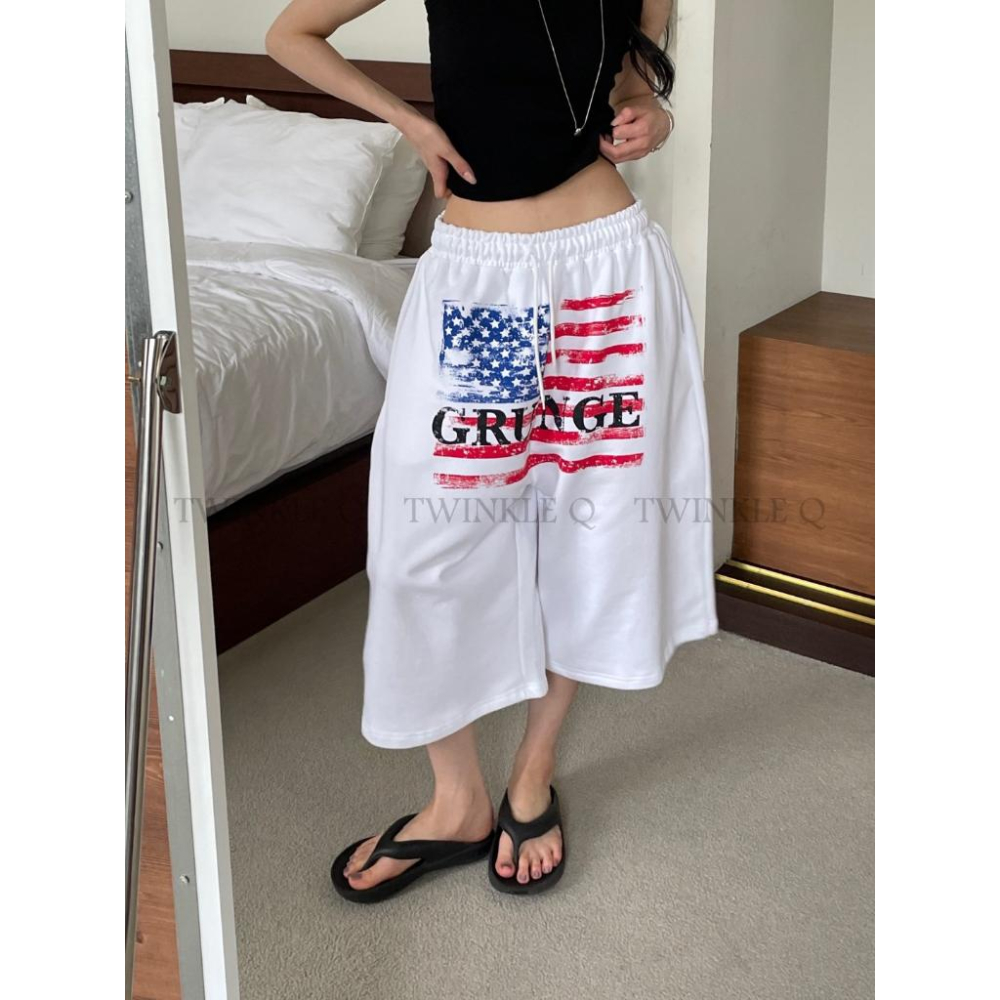 🎀TwinkleQ韓國代購BUY好物-預購✈️正韓🇰🇷 休閒短褲 美國國旗 印花 鬆緊 寬鬆短褲 居家 運動 短褲-細節圖6