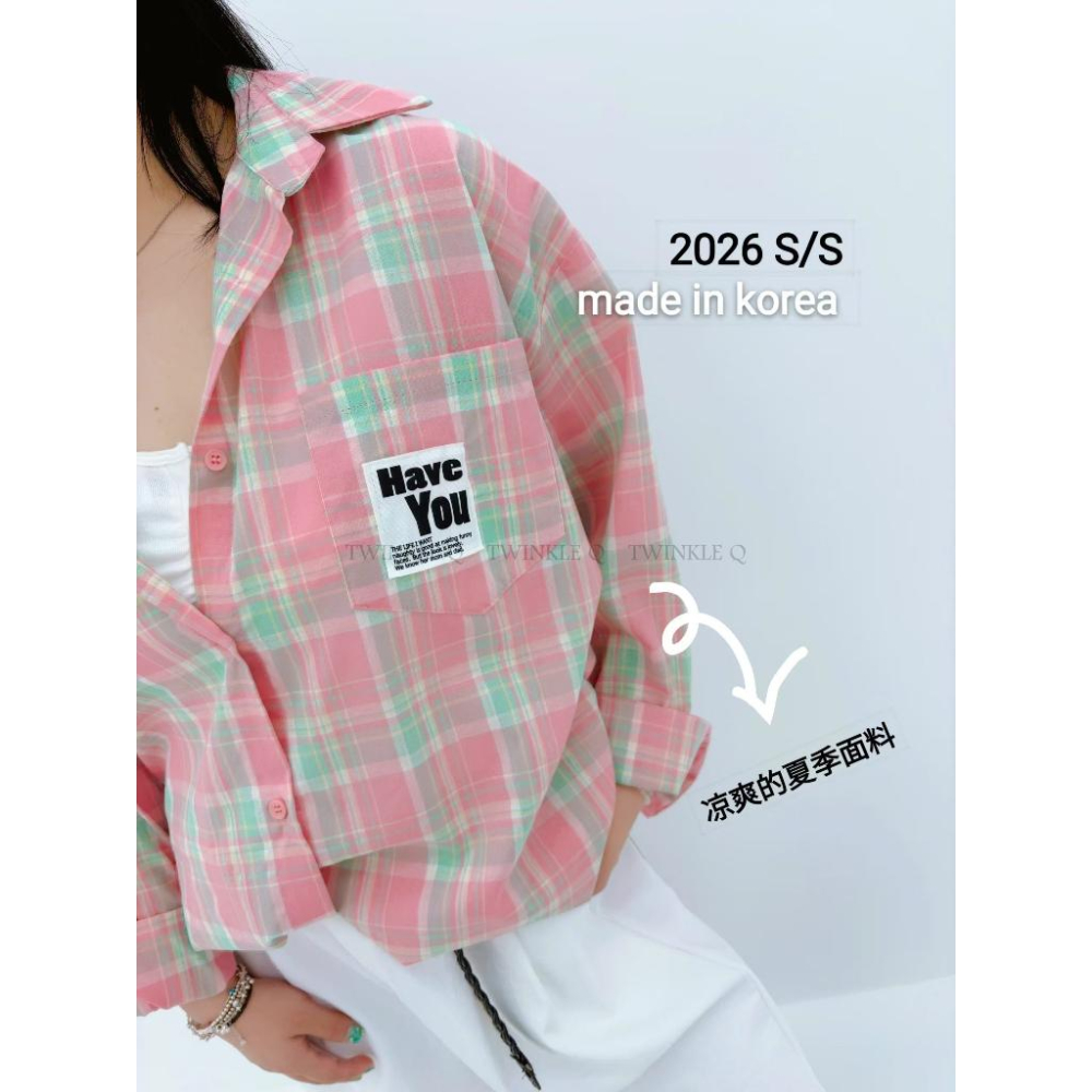 🎀TwinkleQ韓國代購BUY好物-預購✈️正韓🇰🇷 長袖襯衫 格紋 寬鬆 落肩 襯衫外套 貼布 襯衫-細節圖2