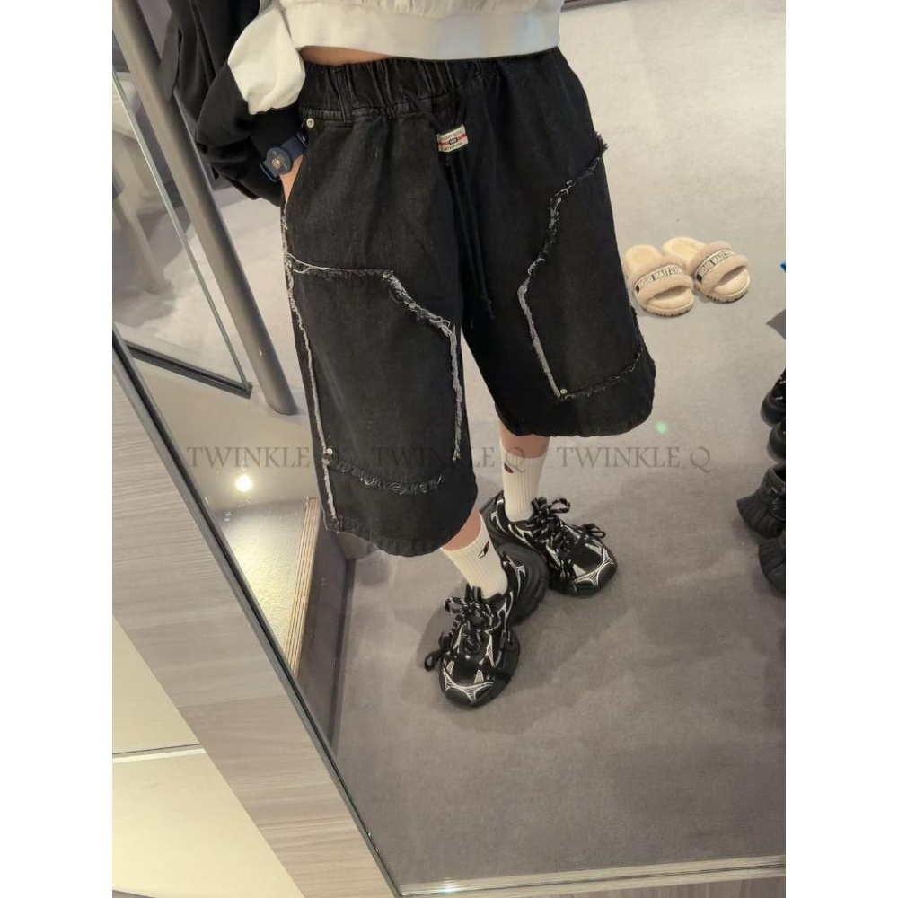 🎀TwinkleQ韓國代購BUY好物-預購✈️正韓🇰🇷 休閒短褲 復古 牛仔流蘇褲 街頭 工裝褲 寬鬆 鬆緊 短褲-細節圖2