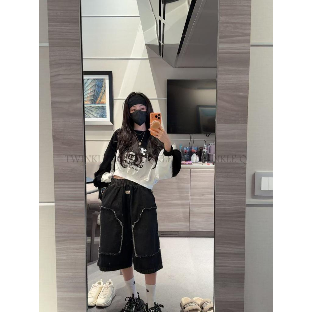 🎀TwinkleQ韓國代購BUY好物-預購✈️正韓🇰🇷 休閒短褲 復古 牛仔流蘇褲 街頭 工裝褲 寬鬆 鬆緊 短褲-細節圖3