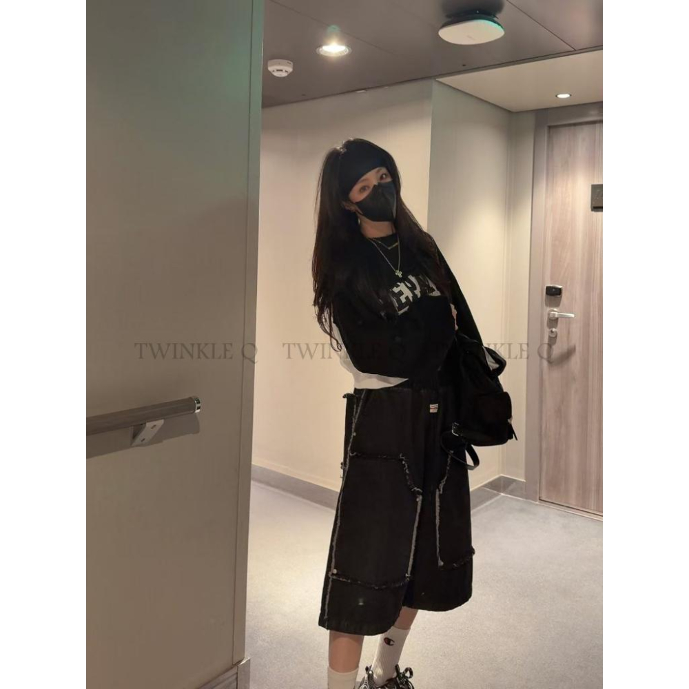 🎀TwinkleQ韓國代購BUY好物-預購✈️正韓🇰🇷 休閒短褲 復古 牛仔流蘇褲 街頭 工裝褲 寬鬆 鬆緊 短褲-細節圖4