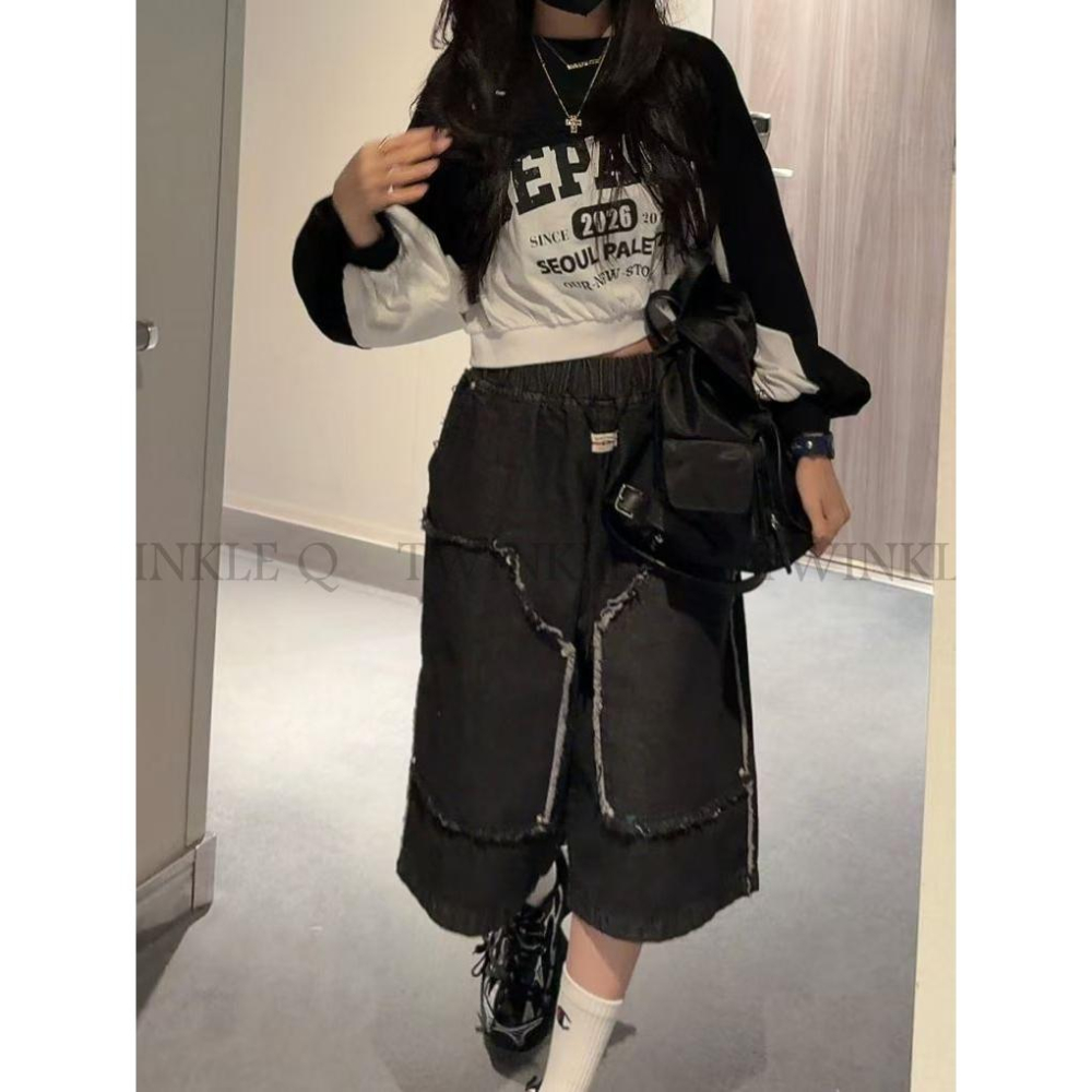 🎀TwinkleQ韓國代購BUY好物-預購✈️正韓🇰🇷 休閒短褲 復古 牛仔流蘇褲 街頭 工裝褲 寬鬆 鬆緊 短褲-細節圖5