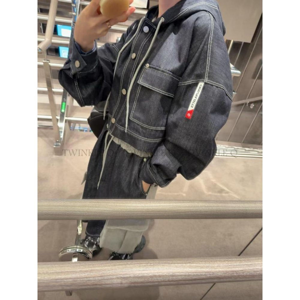 🎀TwinkleQ韓國代購BUY好物-預購✈️正韓🇰🇷 牛仔連帽外套 休閒短褲 大口袋 鬆緊 異材質 撞色 工裝短褲-細節圖3