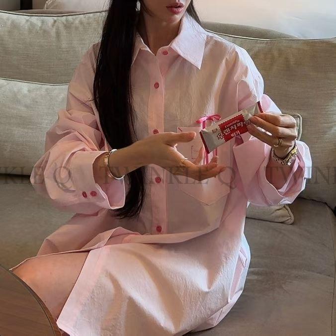 🎀TwinkleQ韓國代購BUY好物-預購✈️正韓🇰🇷 長袖襯衫 正反蝴蝶結 字母印花 寬鬆上衣 襯衫外套 休閒 襯衫-細節圖5