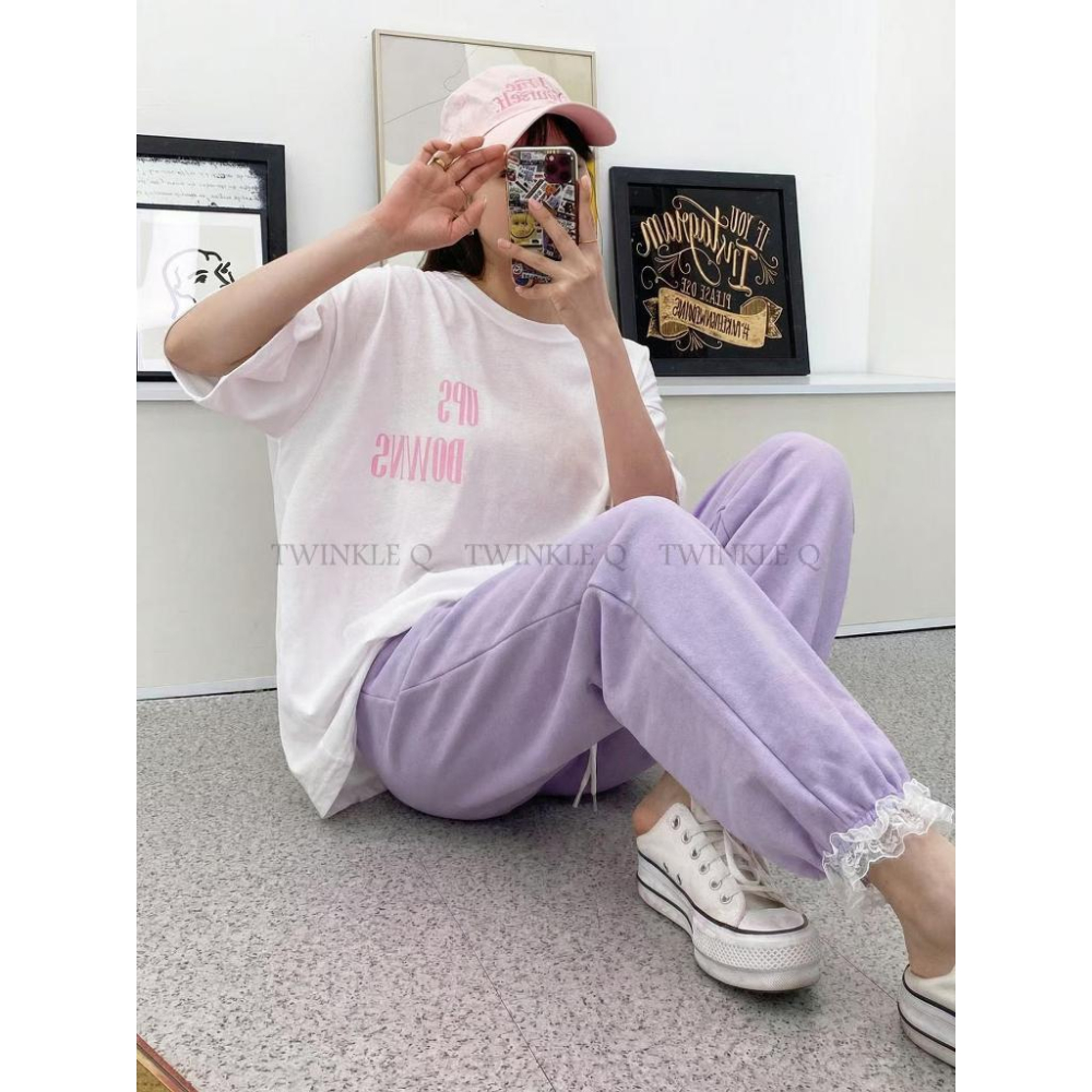 🎀TwinkleQ韓國代購BUY好物-預購✈️正韓🇰🇷 休閒長褲 蕾絲 鬆緊 貼布 束口褲 居家 運動 長褲-細節圖2