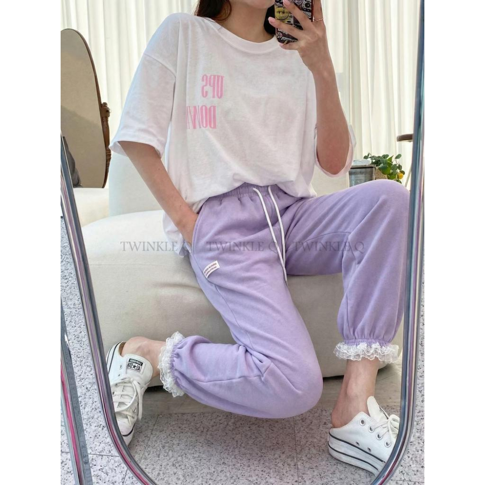 🎀TwinkleQ韓國代購BUY好物-預購✈️正韓🇰🇷 休閒長褲 蕾絲 鬆緊 貼布 束口褲 居家 運動 長褲-細節圖3