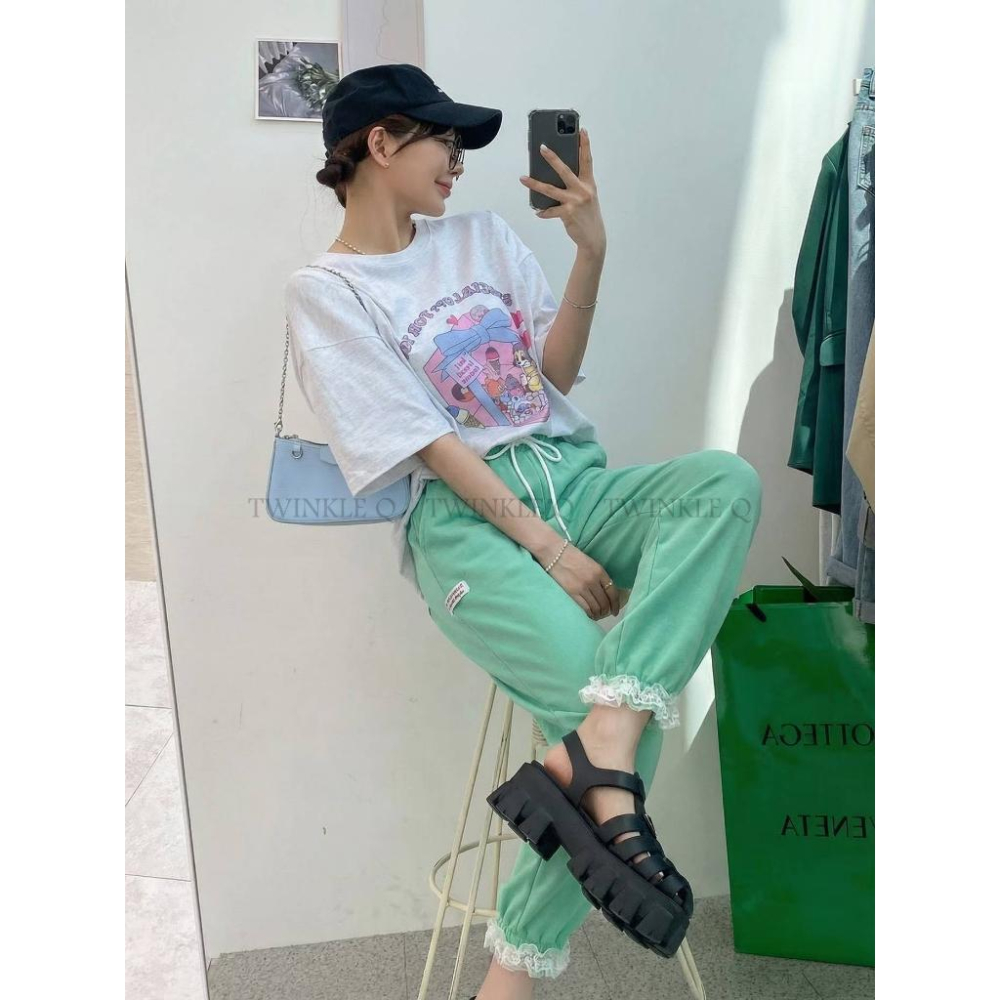 🎀TwinkleQ韓國代購BUY好物-預購✈️正韓🇰🇷 休閒長褲 蕾絲 鬆緊 貼布 束口褲 居家 運動 長褲-細節圖5