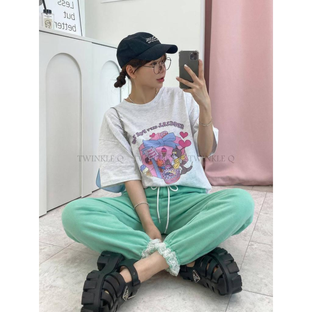 🎀TwinkleQ韓國代購BUY好物-預購✈️正韓🇰🇷 休閒長褲 蕾絲 鬆緊 貼布 束口褲 居家 運動 長褲-細節圖8