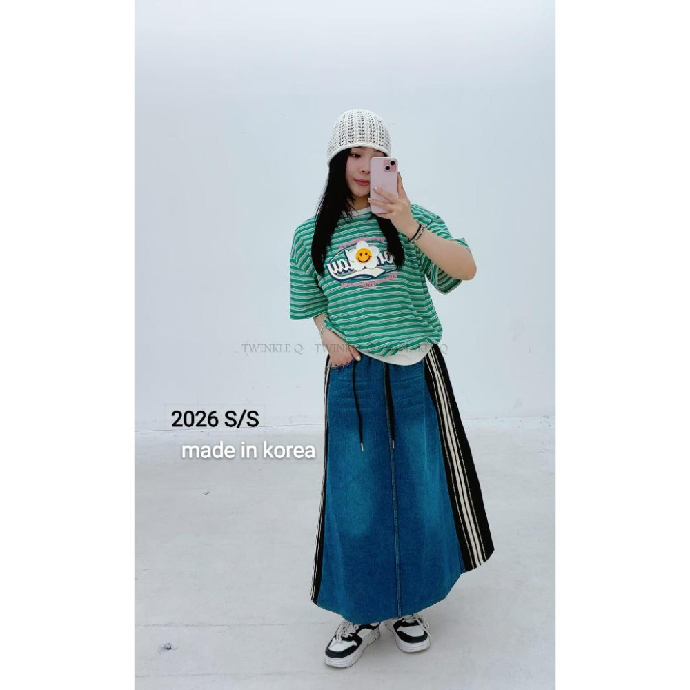 🎀TwinkleQ韓國代購BUY好物-預購✈️正韓🇰🇷 牛仔長裙 條紋 撞色 鬆緊 異材質 舒適 休閒 長裙-細節圖4