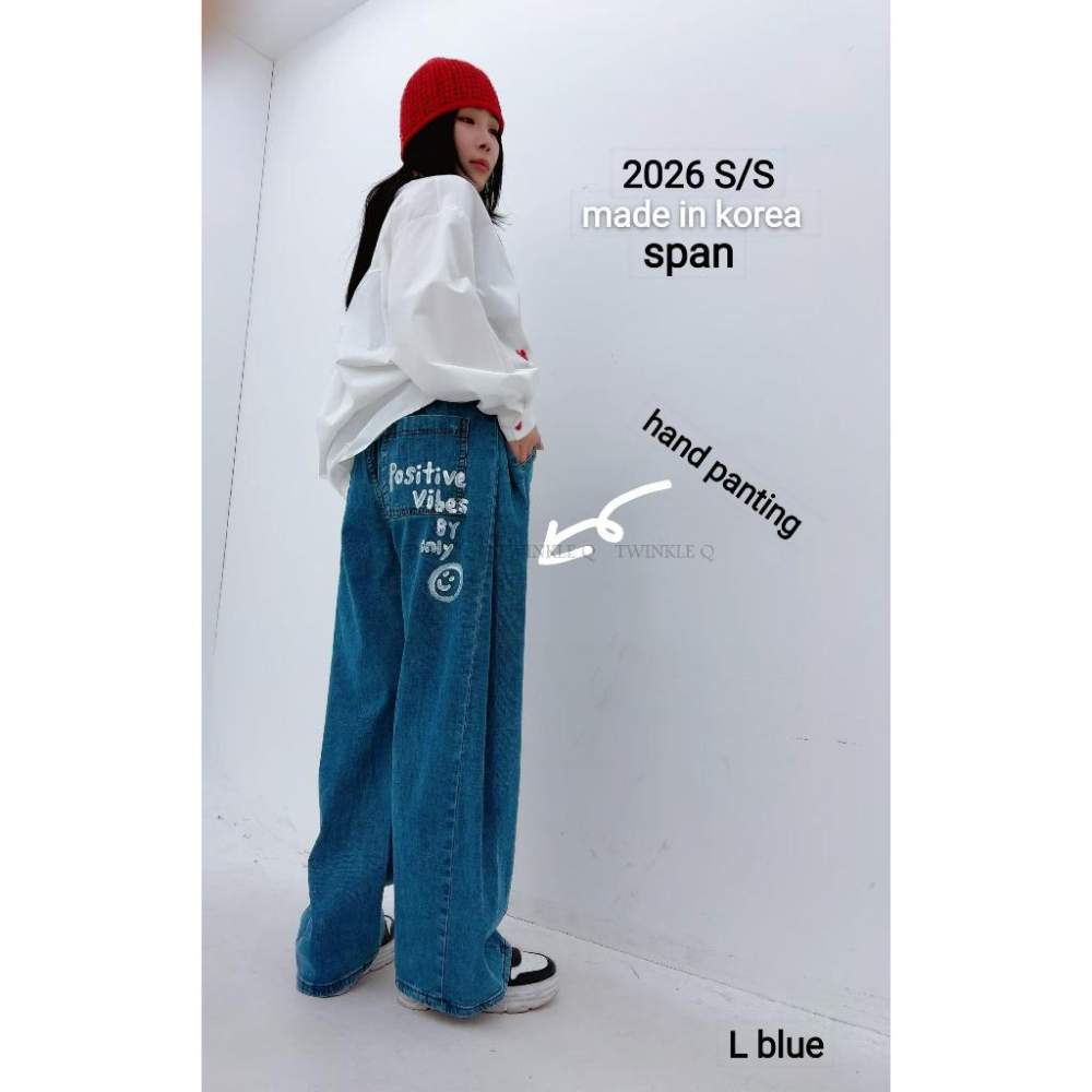 🎀TwinkleQ韓國代購BUY好物-預購✈️正韓🇰🇷 牛仔褲 字母笑臉 手繪 塗鴉 鬆緊 長褲 休閒長褲 牛仔長褲-細節圖5