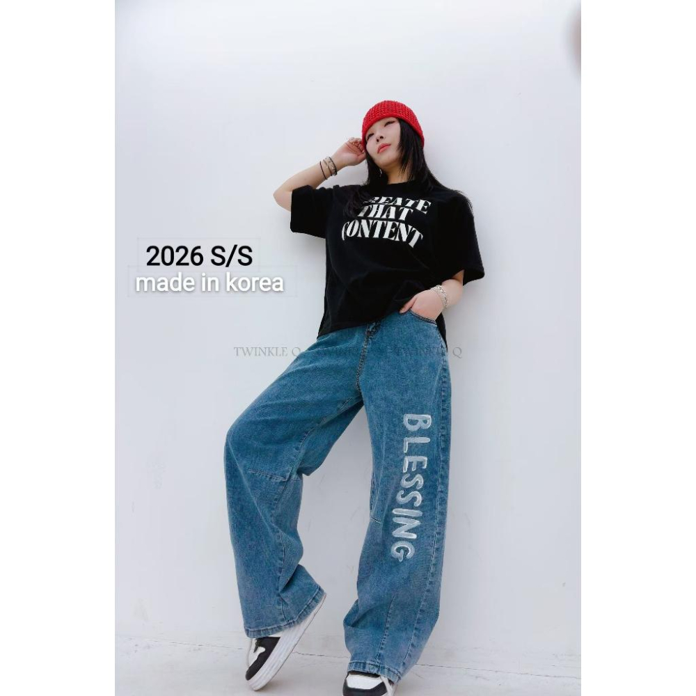 🎀TwinkleQ韓國代購BUY好物-預購✈️正韓🇰🇷 牛仔褲 字母 笑臉 手繪 鬆緊 休閒長褲 寬鬆 牛仔褲-細節圖2