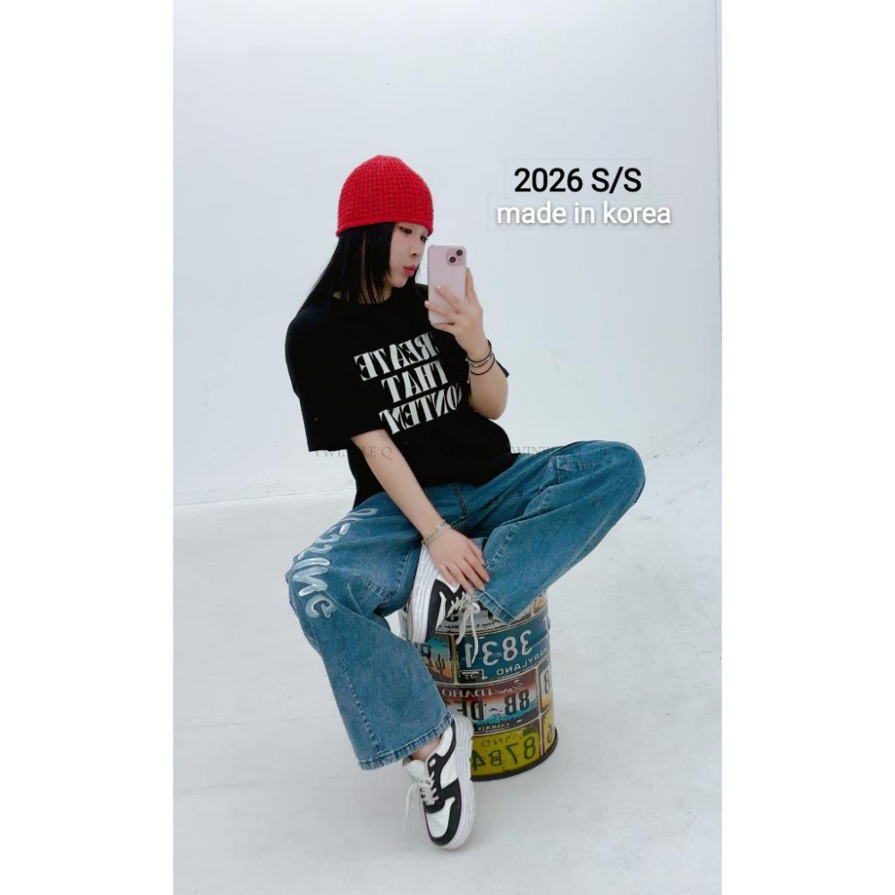 🎀TwinkleQ韓國代購BUY好物-預購✈️正韓🇰🇷 牛仔褲 字母 笑臉 手繪 鬆緊 休閒長褲 寬鬆 牛仔褲-細節圖5