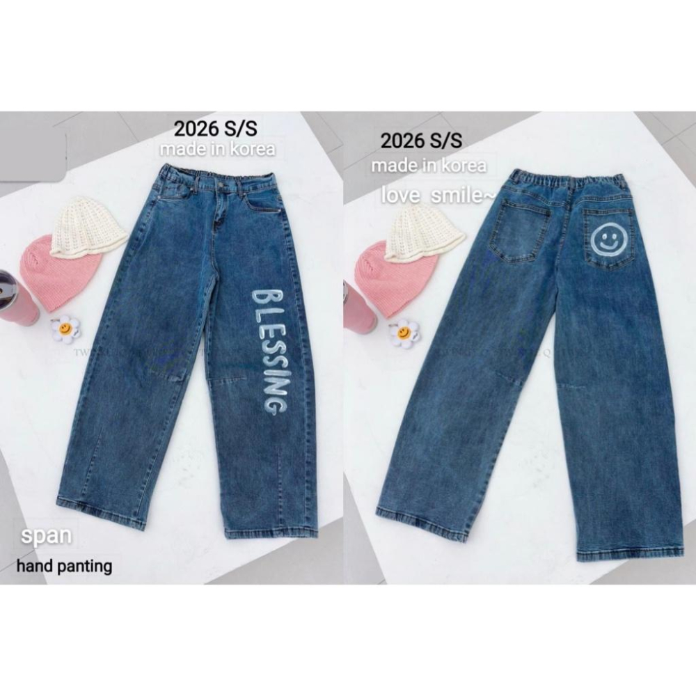 🎀TwinkleQ韓國代購BUY好物-預購✈️正韓🇰🇷 牛仔褲 字母 笑臉 手繪 鬆緊 休閒長褲 寬鬆 牛仔褲-細節圖9
