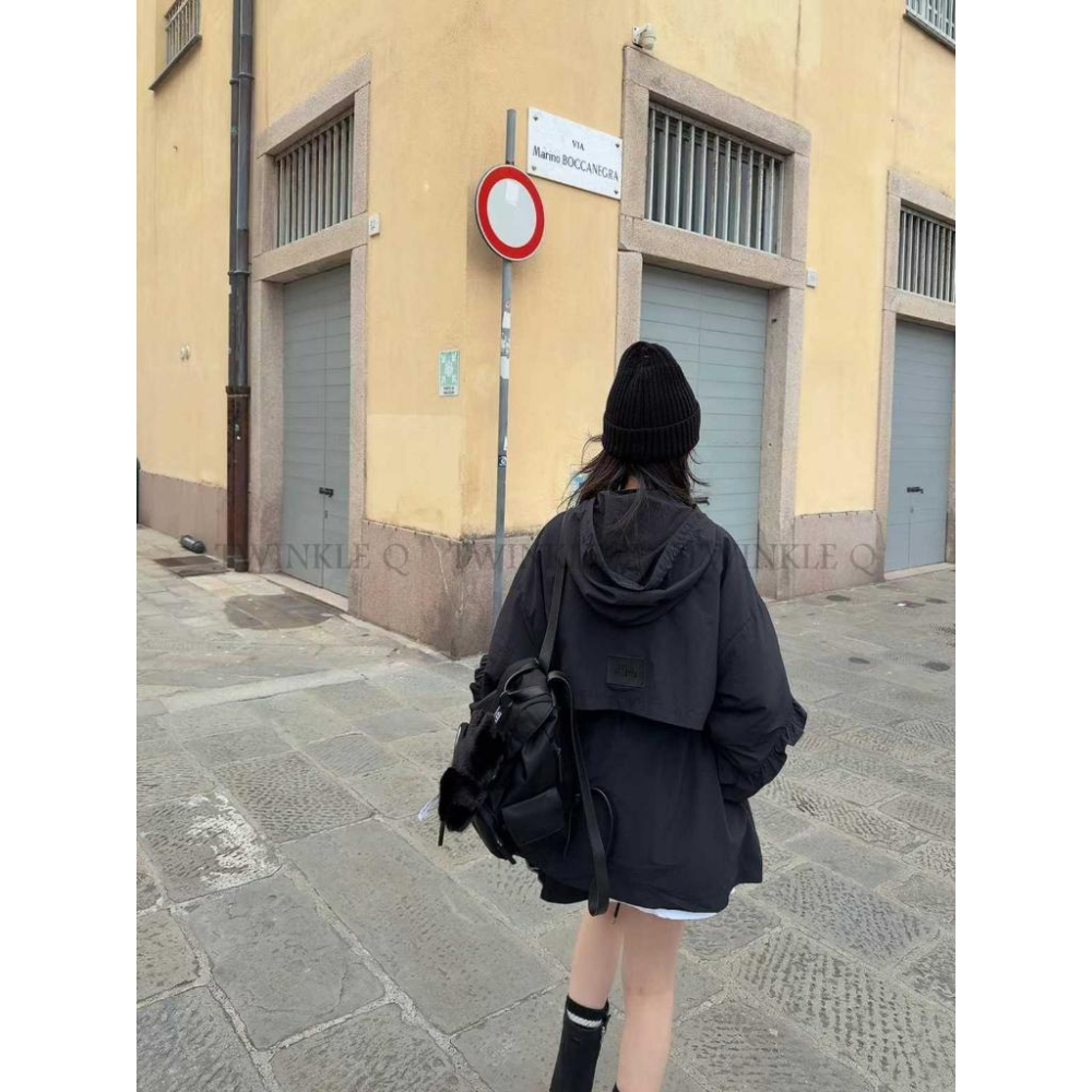 🎀TwinkleQ韓國代購BUY好物-預購✈️正韓🇰🇷 連帽外套 荷葉邊 拉繩 風衣外套 縮腰 長版外套 外套-細節圖3