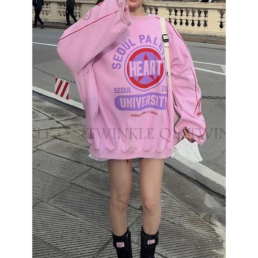 🎀TwinkleQ韓國代購BUY好物-預購✈️正韓🇰🇷 大學t 圖案 愛心 字母印花 長袖上衣 長袖t恤 寬鬆 大學踢-細節圖2