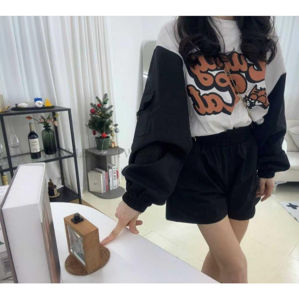 🎀TwinkleQ韓國代購BUY好物-預購✈️正韓🇰🇷 休閒套裝 貓咪 字母印花 撞色 長袖上衣 素色 鬆緊短褲 套裝-細節圖6