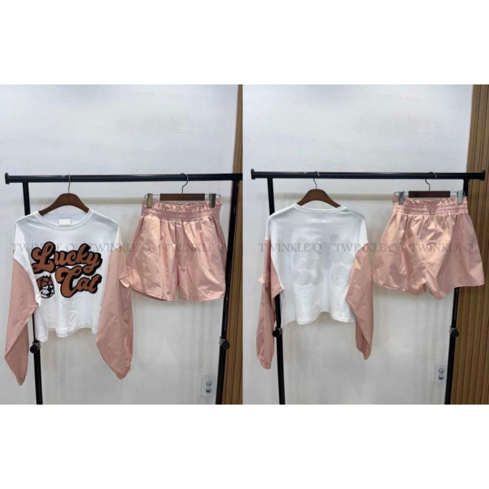 🎀TwinkleQ韓國代購BUY好物-預購✈️正韓🇰🇷 休閒套裝 貓咪 字母印花 撞色 長袖上衣 素色 鬆緊短褲 套裝-細節圖7