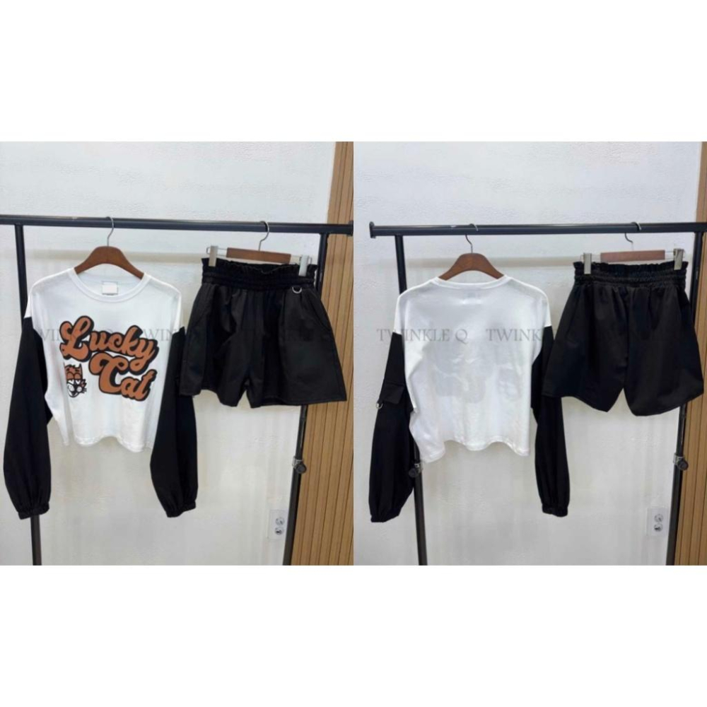 🎀TwinkleQ韓國代購BUY好物-預購✈️正韓🇰🇷 休閒套裝 貓咪 字母印花 撞色 長袖上衣 素色 鬆緊短褲 套裝-細節圖9