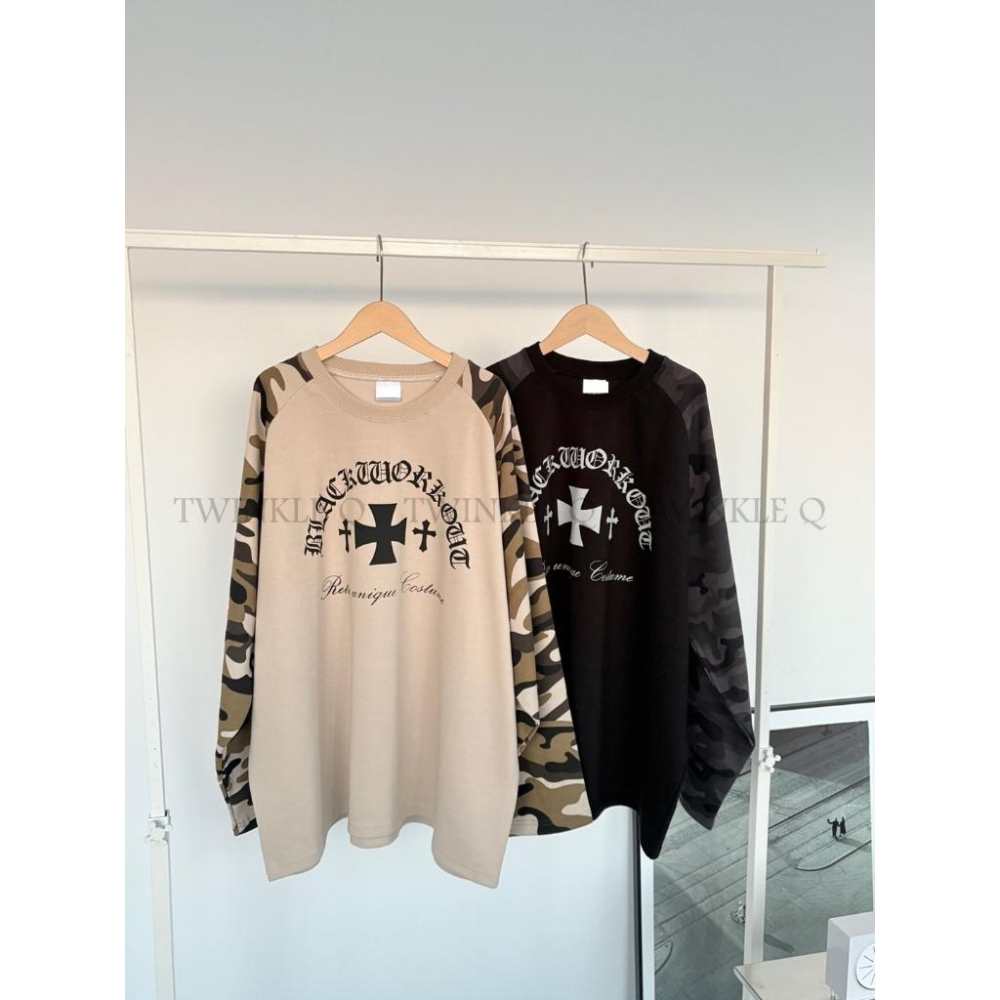 🎀TwinkleQ韓國代購BUY好物-預購✈️正韓🇰🇷 長袖上衣 迷彩 字母印花 拼色 撞色 寬鬆上衣 長袖t恤 長t-細節圖7