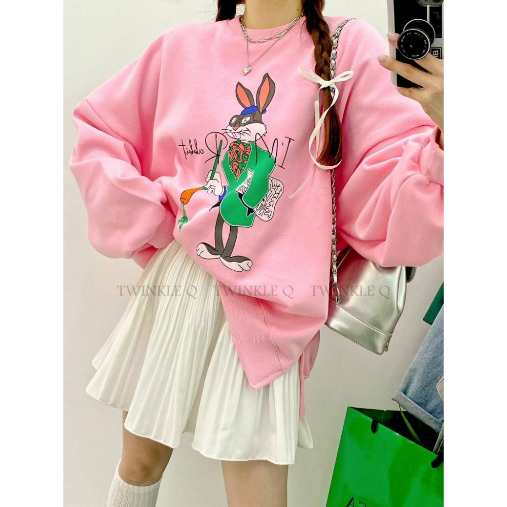 🎀 Twinkle Q韓國代購BUY好物-預購✈️正韓🇰🇷 大學t 畫家 兔兔 圖案印花 寬鬆上衣 長袖t恤 大學踢-細節圖5