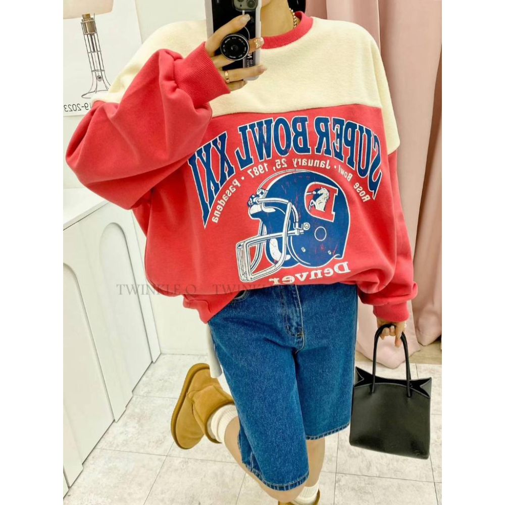 🎀 Twinkle Q韓國代購BUY好物-預購✈️正韓🇰🇷 大學t 橄欖球 刷毛 撞色 字母 休閒上衣 長t 大學踢-細節圖6