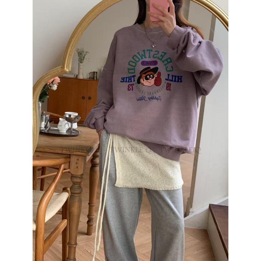 🎀 Twinkle Q韓國代購BUY好物-預購✈️正韓🇰🇷 大學t 卡通人物 印花 水洗t恤 寬鬆上衣 大學踢 男女中性-細節圖3