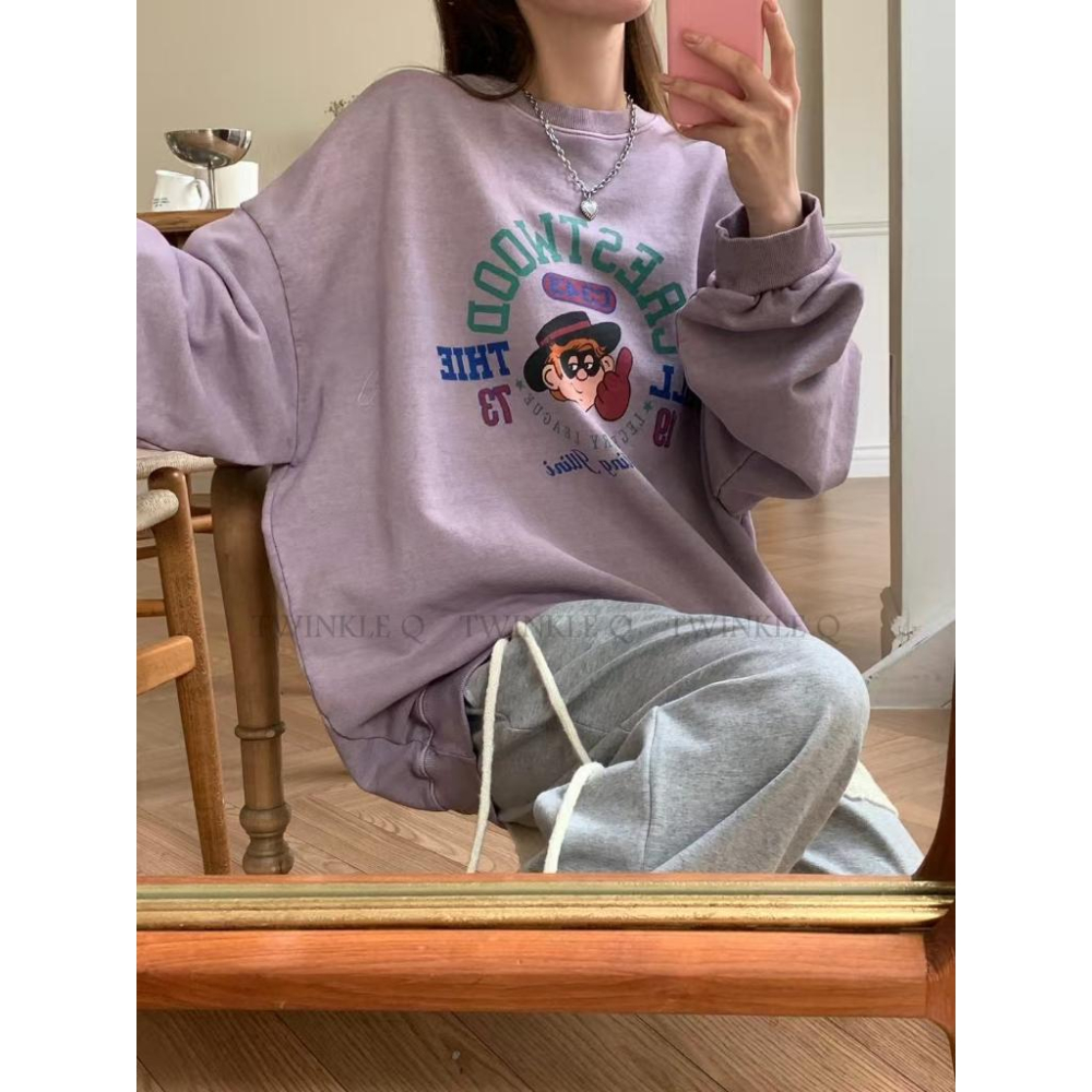 🎀 Twinkle Q韓國代購BUY好物-預購✈️正韓🇰🇷 大學t 卡通人物 印花 水洗t恤 寬鬆上衣 大學踢 男女中性-細節圖5