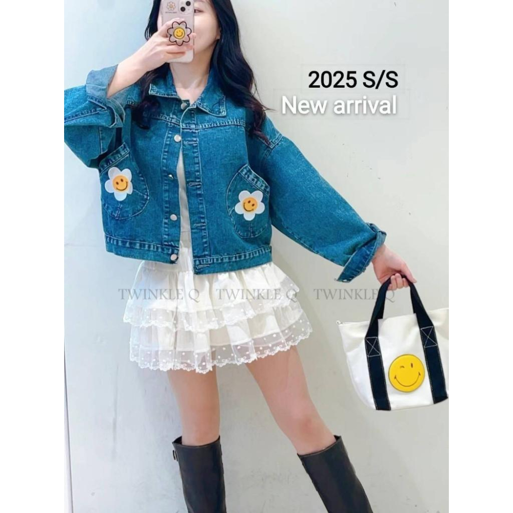 🎀 Twinkle Q韓國代購BUY好物-預購✈️正韓🇰🇷 牛仔外套 笑臉 花朵 休閒外套 外套-細節圖2